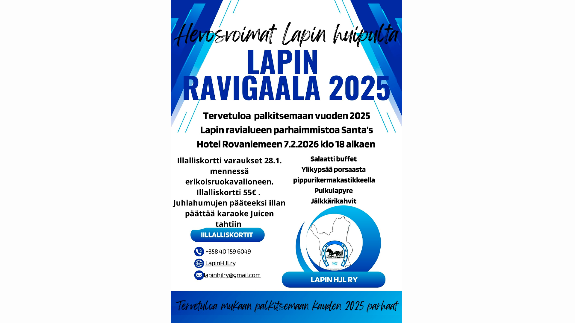 Lapin Ravigaala 2025 Rovaniemellä la 7.2.2026 klo 18 - Illalliskortit myynnissä myös Torniossa